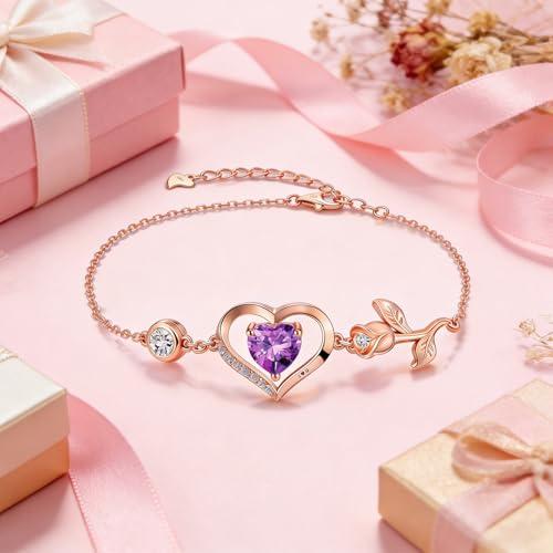 Image of 1CT Rose Heart Bracelet Moissanite Lab-Grown Sapphire Ruby Emerald&More 18K White Rose Gold Plated Anniversary Birthday Gift for Wife Girlfriend Mom Daughter Mothers Day Gift for Mom