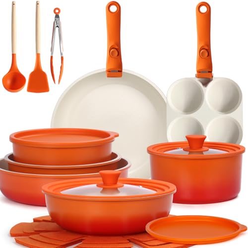 Image of GIPP 21PCS Pots and Pans Set Non Stick,Kitchen Cookware Set Detachable Handle,Orange Gradient Pot and Pan Set,Non Toxic Cooking Pan Set with Frying Pans Set,RV Cookware Sets for All Stoves