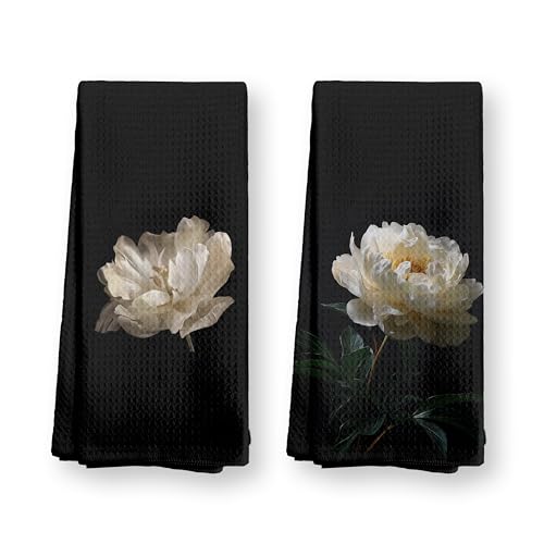 TopXmai Black and White Hand Towels, Dark Moody Peony Floral Kitchen Towels Set of 2, Black and White Dish Towels,Modern Peony Flower Hand Towel for Kitchen Bathroom Decor, 16x24 Inch C221