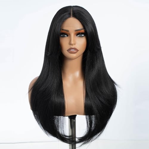DÉBUT Synthetic Lace Front Wigs with Curtain Bangs, Long Straight