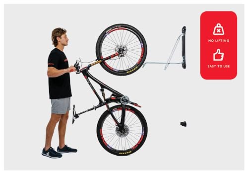 Image of Steadyrack Bike Rack - Pivoting Mountain Bike Rack, Holds Up to 77 lbs, Fits 24 inch-29 inch Wheels, 2.1 inch-2.8 inch Tires, Foldable Wall Mount for Space-Saving Bicycle Storage - 2 Pack