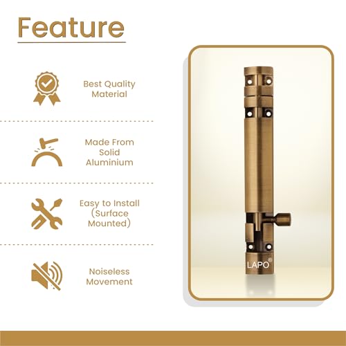 Image of LAPO 2 Pack Premium Aluminum Tower Bolt 6 Inch, Tower Bolt for Main Door and Bathroom, Kundi Door Latch for Bedroom, Chitakni, Tower Bolt for Home,Offices Doors,Windows (Antique Finish, Pack of 2)