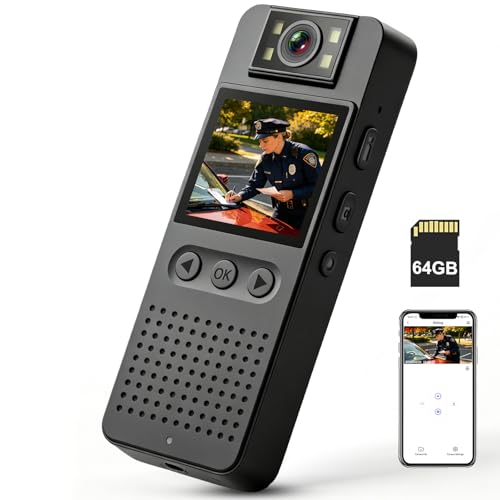 Body Camera with Audio and Video Recording: 64GB Body Cam WiFi Supports, 180° Rotating Lens, 1080P, Night Vision, 7Hr Battery Bodycam, Wearable Pocket Camera for Work, Travel, Pet Walking, Outdoor