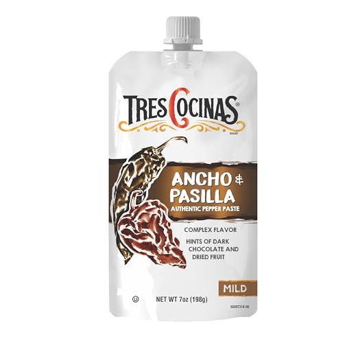 TRES COCINAS Ancho & Pasilla Pepper Paste| Great for Sauces, Salsas, Marinades, Cocktails, Desserts | Authentic Pepper Pastes for Chefs| 7oz, Pack of 6, Twist to Close Pouches