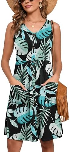 Heymoments Women's Summer Dresses Sleeveless Casual Fashion Loose Swing Button Down Midi Dress with Pockets