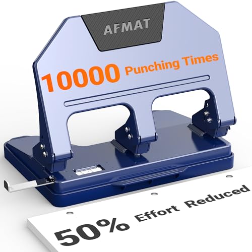AFMAT HPX3 3 Hole Punch, 9/32" Holes, 40-Sheet 3 Hole Puncher for Binder, 50% Reduced Effort, Metal Heavy Duty Three Hole Punch w/ 10,000+ Uses, Bulit-in S.S. Paper Guide, Large Chip Tray, Blue