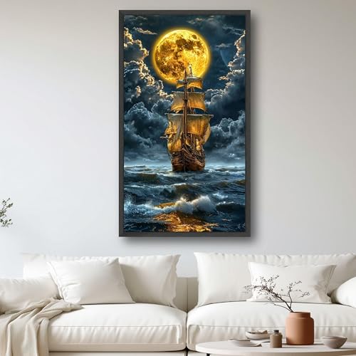 Voilier au clair de lune doré Toile maritime vintage marine 70x130cm