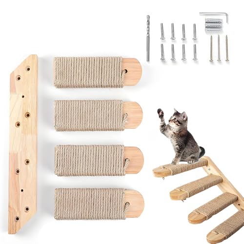 4 Stufen Katzentreppe Kletterwand Holz, Katzenleiter mit Juteseil & bis 15kg Traglast für Wandmontage 40cm Katzenwand Katzenspielzeug zum Klettern Spielen