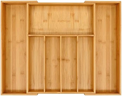 VaeFae Bamboo Cutlery Organiser, Expandable Silverware Drawer Organiser and Cutlery Tray, Wooden Drawer Dividers Organiser for Kitchen Utensils and Flatware (4-6 Slots)