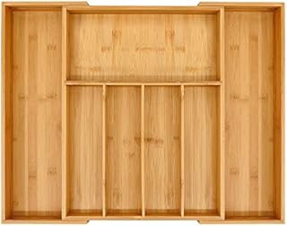 VaeFae Bamboo Cutlery Organiser, Expandable Silverware Drawer Organiser and Cutlery Tray, Wooden Drawer Dividers Organiser for Kitchen Utensils and Flatware (4-6 Slots)