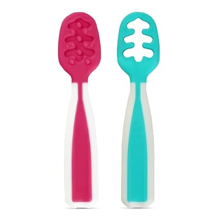 Hopop Baby Led Weaning Spoon | First Stage Feeding Spoon | Dual-Sided BPA Free Silicone Self Feeding Baby Spoon Cum Training Spoon Set | Gum Friendly| 4M+| Pack of 2 | Pink & Green