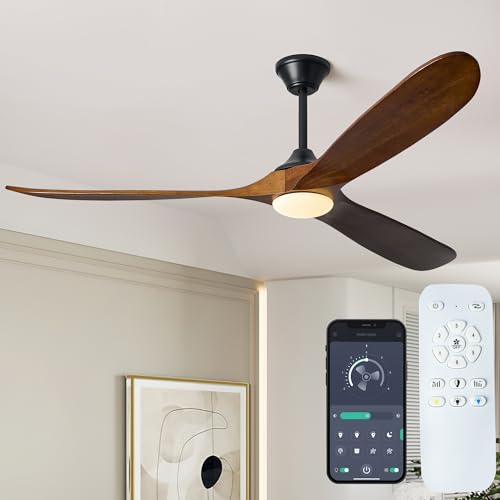 72 Inch Solid Wood Ceiling Fans with Lights, Remote APP Control 3 Propeller Blades Indoor Outdoor Ceiling Fan, Large Airflow Noiseless DC Motor Wooden Ceiling Fan for Patio Living Rooms Farmhouse