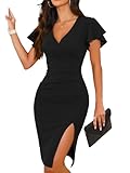 WAYMAKER Womens Formal Dresses Ruffle Sleeve V Neck Faux Wrap Ruched Sheath Bodycon Cocktail Party Dress with Slit, Black, Large
