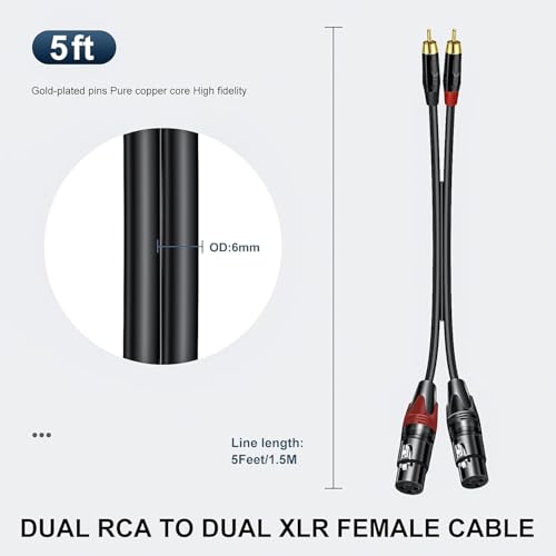 Image of XLR to RCA Cable Dual RCA to Dual Female XLR Stereo Audio Connection Microphone Cable (1.5 Meter)