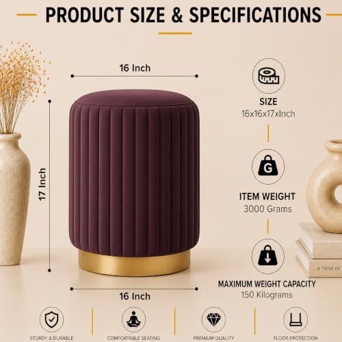 Image of Designer Velvet Round Footstool Ottoman with Sturdy Gold Metal Band Base for Home Decor & Extra Seating, Lightweight Pouf Stool for Sofa Side & Bedroom, 16x16x17 Inch (Coffee)