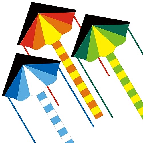Simxkai 3 Pack Delta Kite, Green, Blue & Orange Kite for Adults, The Easiest Flying Beach Kites for Family Trip Outdoor Games