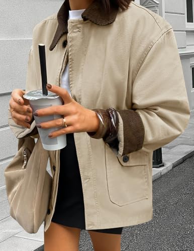 ZESICA Women's Lightweight Trendy Jackets 2025 fall Contrast Collar Zip Up Cotton Oversized Casual Cargo Barn Jacket3