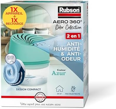 Rubson – Absorbeur d'Humidité Aero 360° Couleur Azur (1 appareil + 1 recharge de 450 g) – Absorbeur anti-humidité pour pièce jusqu'à 20 m² – Déshumidificateur d'air anti-odeur et anti-moisissure