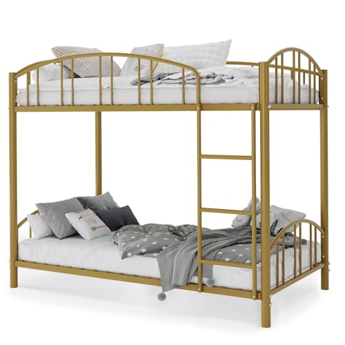 Garvee Bunk Bed Twin Over Twin with Ladder and Arched Guardrail, Heavy Duty Bunkbeds Frame with Sturdy Steel Slats Support for Kids Boys Girls, Space-Saving, No Box Spring Needed, Gold