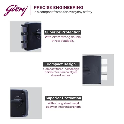 Image of Godrej Tribolt Compact 1CK DB | Triple Bolt Lock for Main Doors | 21mm Deadbolt | 60mm Backset | 3 Reversible Keys | 3-Bolt Locking | Textured Black Finish | 5 Year Warranty