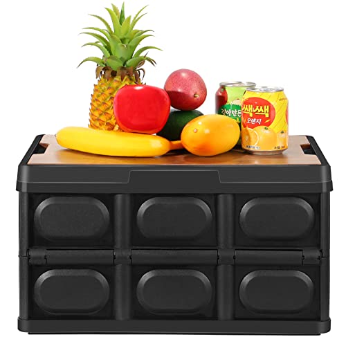 Image of Tuevob Folding Storage Bin with Lid 30L Storage Box Container Stackable Shelf Baskets Cloth Closet Car Organizer Outdoor Picnic Transport Box Clothes Books Holder Plastic Collapsible Tote Crate -Black