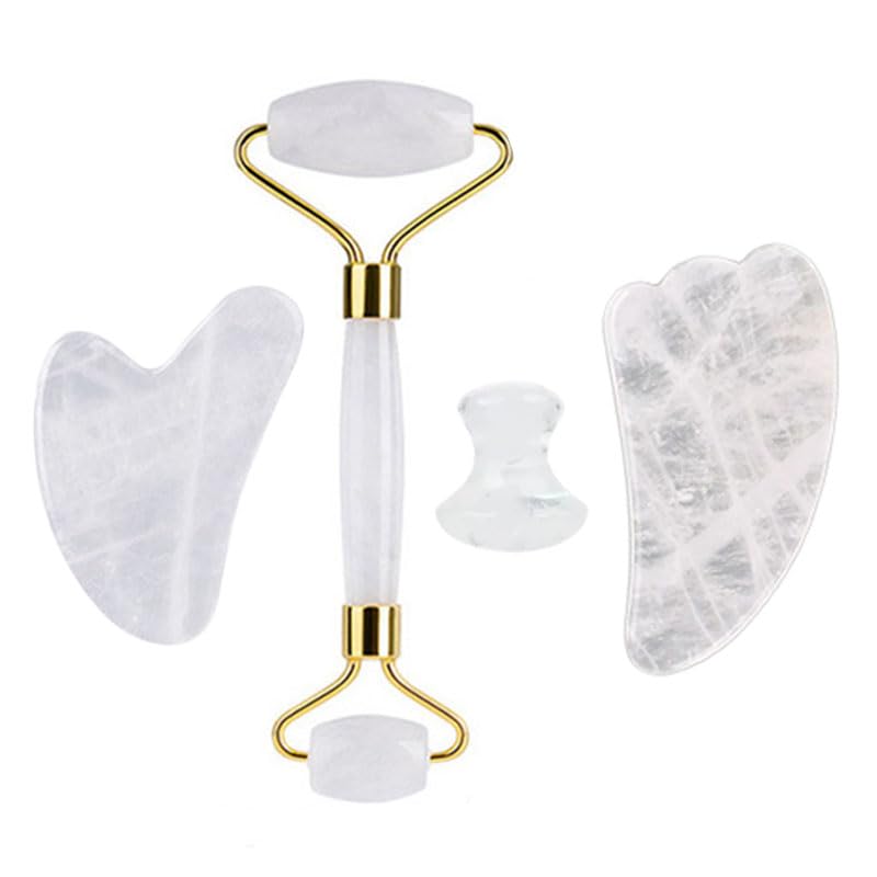 Juego de 4 rodillos de jade de obsidiana de cuarzo rosa natural, juego de piedras Gua Sha, raspador de amatista, herramientas para el cuidado de la piel