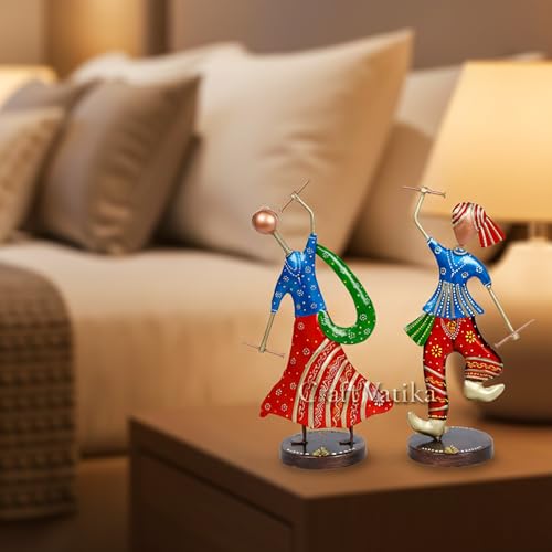 Image of CraftVatika Metal Gujrati Couple Dancing Showpiece for Home Decor, Gift Items, Multicolor, 13.3 x 6 x 4 Inches