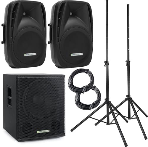 Pronomic 115S-212A Sistema PA Activo - Set PA Activo con 1 subwoofer de 15 y 2 satélites de 12 - 600 vatios de Potencia Total (RMS) - Incluye Soportes para Altavoces y Cables de 10 m