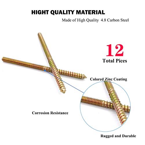 Image of 12 Pack 1 /4-20 x 4 Inch Hanger Bolts 1 /4-20 inch Double Headed Bolts 1 /4 Wood Dowel Screw Self-Tapping Screw Hanger Bolts for Furniture Screws Threaded Rods Bolt 100mm Length