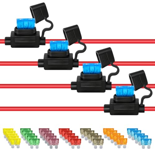CXDWOCHE 4 Pack 18AWG Inline Fuse Holder, Heavy Duty Waterproof in Line Fuses Holder 12V with 35 PCS Car Fuses (5A/7.5A/10A/15A/20A/30A/40A - 5 of Each), for Marine Auto Truck SUV Boat