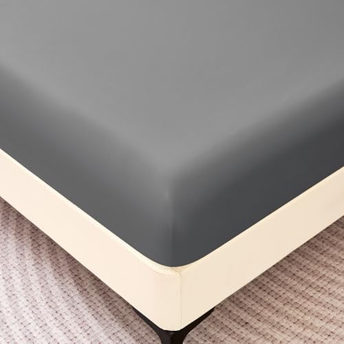 Amazon Basics Soft Fitted Sheet, Lightweight Bottom Sheet, 14-Inch Deep Pocket, Durable and Long Lasting, Easy Care, Queen, Dark Gray, Pack of 1 - 4