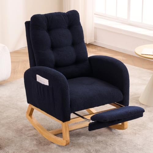 Image of Nursery Rocking Chair with Foot Rest, Teddy Upholstered Glider Chair with Side Pocket, Comfy Rocker Accent Armchair, Modern High Back Rocking Chairs for Living Room, Bedroom, Navy