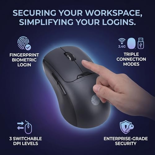 Yoidesu Fingerprint Sensor Wireless Mouse 360 Recognition, Wireless Bluetooth Mouse 2.4G BT5.0 USB Modes, 1000 1600 2400 DPI, 600mAh Battery for PC Laptop Desktop Work - 1