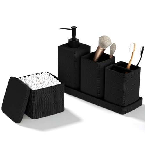 Matte Black Bathroom Accessories Set 5 Pieces, Resin Toothbrush Holders Set Complete with Soap Dispenser, Toothbrush Holder, Vanity Tray, Bathroom Tumbler and Qtip Holder for Small Spaces