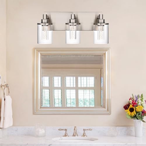 Image of Brushed Nickel Bathroom LED Vanity Lighting Over Mirror- 3 Lights | Modern Integrated LED Vanity Light Fixtures Wall Mounted for Bathroom with Crystal Bulb Clear Glass Shade
