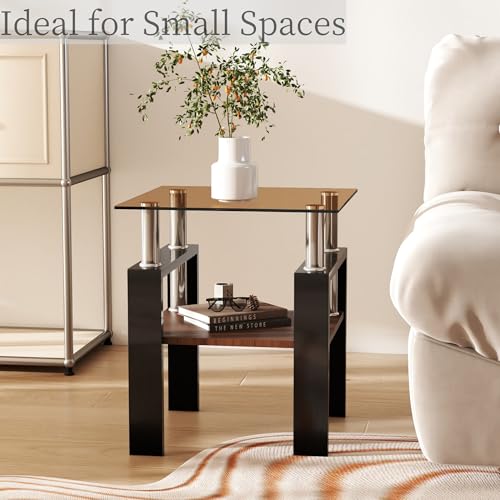 Image of Meihua Glass End Table, Square Glass Side Table, 2-Tier Modern Nightstand with Metal Legs for Living Room&Bedroom (Brown+Brown, Set of 2)