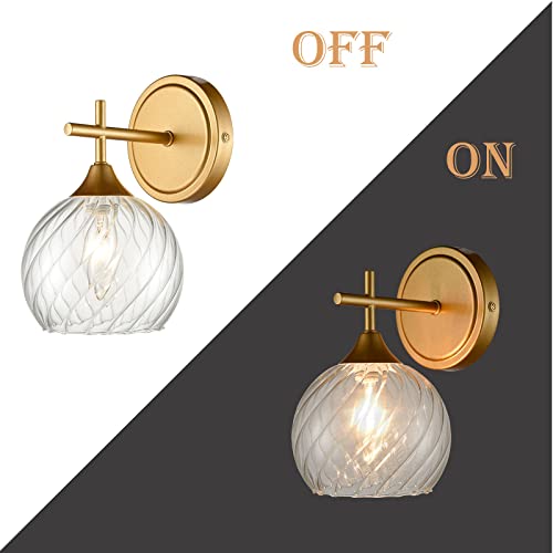 Hydelite Gold Wall Sconce Set Of 2 Mid Century Brass Wall Light Dimmable 1 Light Vanity Light With Clear Globe Swirl Glass Shade #TOP6