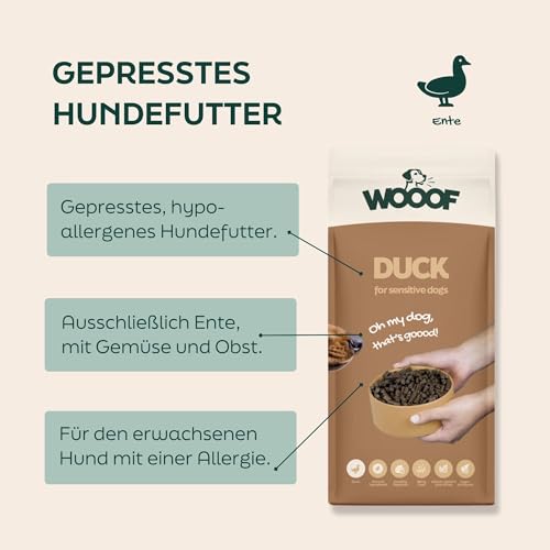 WOOOF Ente Trockenfutter für Hunde 18 kg natürlich proteinreich hypoallergen komplette Ernährung für alle Rassen Erwachsene Hunde gesunde Haut glänzendes Fell schonende Verdauung reich an Omega