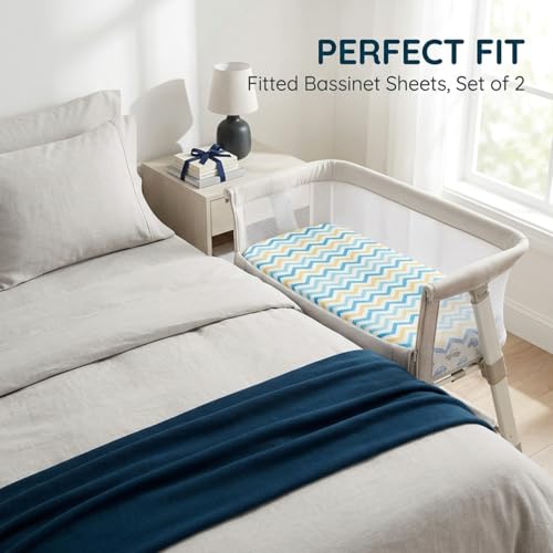 Image of 2-Pack Bassinet Sheets - 100% Cotton Jersey Knit Cars and Chevron Bassinet Mattress Pad Fitted Sheets for Baby Boy; Compatible with Bassinet Bedside Co-Sleeper Lounger Brands; Oval Rectangle Mattress