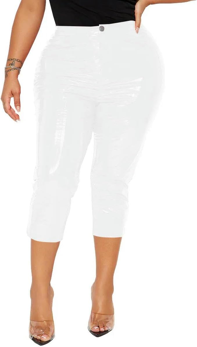 Faux Leather Women Pants High Waist Bodycon PVC Streetwear Slim Party Club Capris
