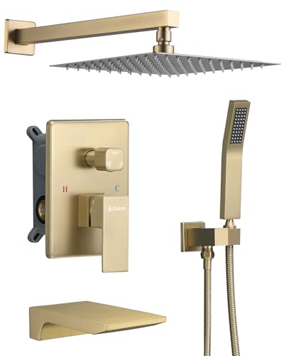 DASAN Tub Shower Faucets Sets Complete Brushed Gold Bathtub Shower System with Waterfall Tub Spout, Bathtub Faucet Set Tub and Shower Faucet Combo Trim Kit with Valve, DA-SS04BG-S10W