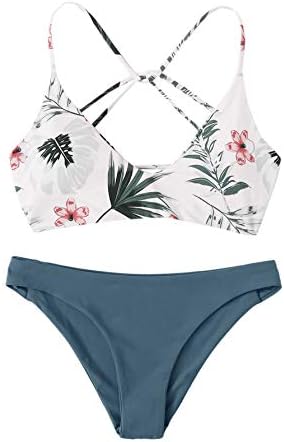 SweatyRocks Women's Sexy Bathing Suit Floral Print Criss Cross Back Bikini Set Swimsuits White-1 M