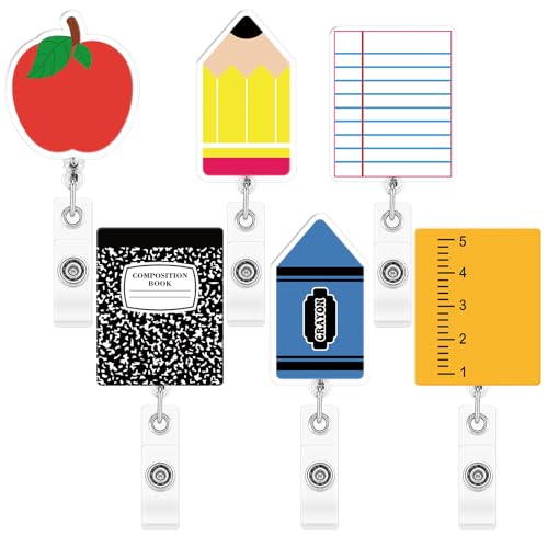 Sabary 6 Pcs Teacher Badge Reel Holder, Back to School Teacher Gifts Cute Apple Composition Pencil Ruler Notebook Crayon Exercise Book Teachers Badge Holders First Day of School Gift for Women