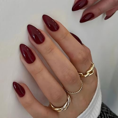 Press on Nails Short Medium Almond Burgundy Red Fake Nails with Solid Design False Nails Full Cover Artificial Glue on Nails Stick on Nail for Women DIY Manicure 24Pcs