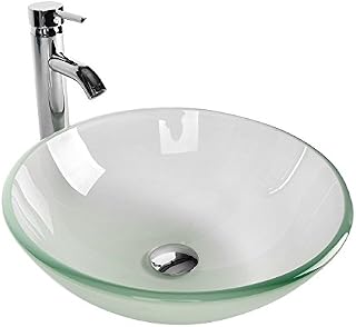 Tempered Glass Vessel Bathroom Vanity Sink Round Bowl with Chrome Faucet Pop-up Drain