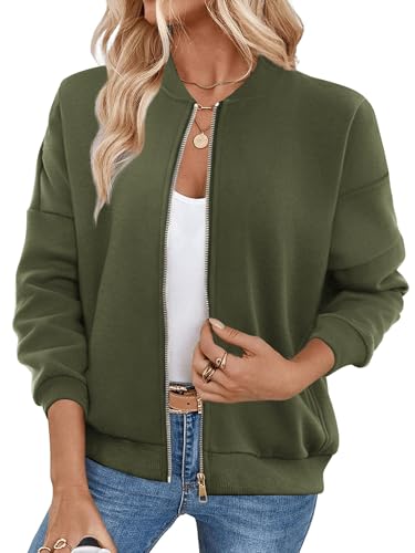 GEMLON Sweatshirt für Damen, Rundhalsausschnitt, lange Ärmel, lockerer Fleece, Sweatshirts, Jacken, Herbstmode, Outfits mit Taschen, Grün (Army Green), XS