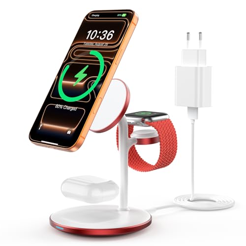 3 in 1 kabellose Ladestation für mehrere Geräte, 15W Induktive Ladestation,Mag-Safe Ladeständer für i-Phone 17 16 15 Pro Max/Plus/Pro,Mag-Safe Ladegerät für i-Watch Ultra10/9//8/7,Air-Pods