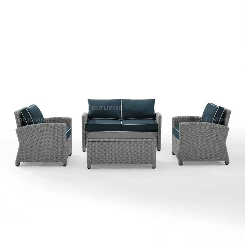 Image of OUTLIVING Rattan and Wicker Indoor Outdoor 4 Seater Sofa Set | 2+1+1 Patio Furniture Set with Cushion and Center Table | Comfortable Sofa Set for Garden Balcony Hall Living Room (Grey and Navy Blue)