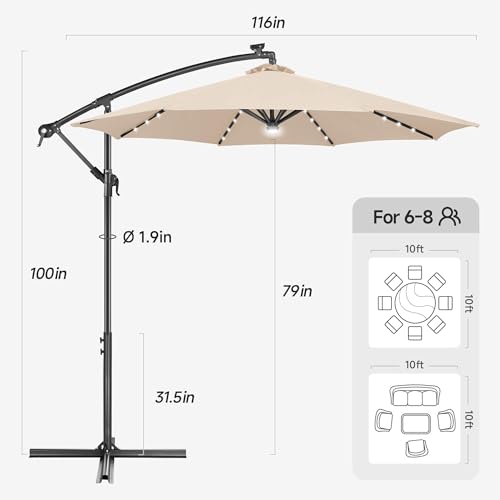 Image of Solar Offset Patio Umbrella - 10 FT Solar Cantilever Umbrella Outdoor with 40 LED Lights and Cross Base, UV Protection for Garden, Deck, Backyard, Pool, Porch, Beige