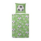 Aminata Kids - Biber Bettwäsche 135x200 Jungen Fussball-Motiv Junge, Jungen, Jungs, Teenies & Jugendliche - Baumwolle, Biber-Kinder-Bettwäsche-Set Flanell grün weiß - warm, weich & kuschelig